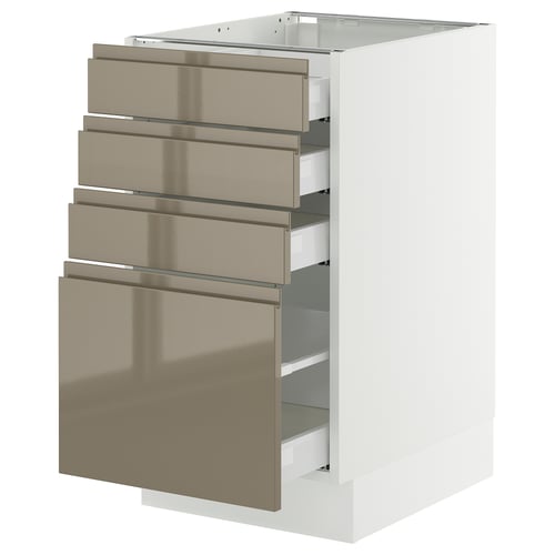 A modern white kitchen cabinet with stainless steel drawers in dark grey-brown.