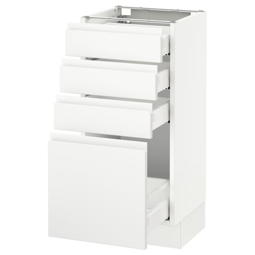 A white SEKTION kitchen cabinet with multiple drawers. It a sleek, modern design with integrated handles.