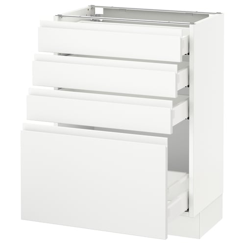 Modern white kitchen unit with four drawers, glossy finish, made of particleboard and melamine foil, in a minimalist design.