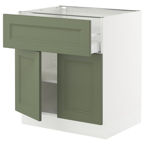 Green kitchen cabinet with white top, two doors, one drawer open.