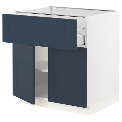 A blue SEKTION kitchen cabinet with an open drawer and door, highlighting its modern and sturdy design.