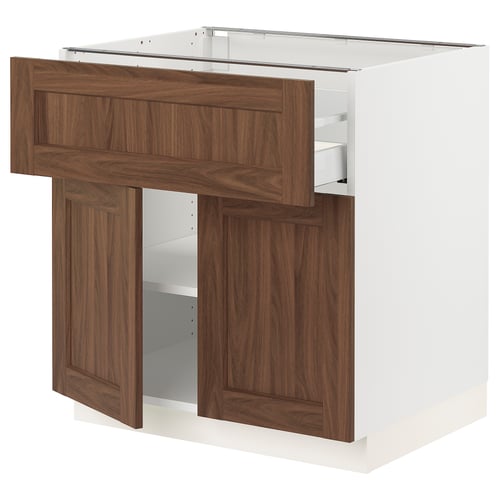 SEKTION kitchen unit: walnut-colored, wooden drawers and doors, white frame, rectangular shape, classic design.