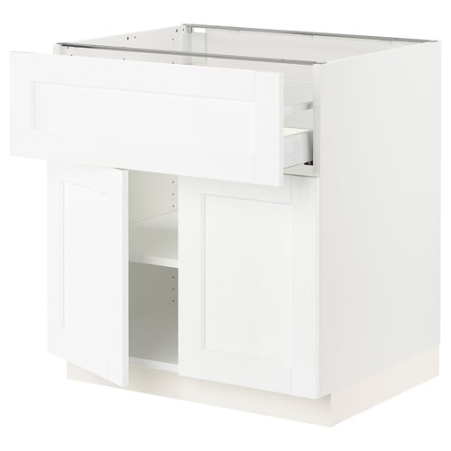 SEKTION white kitchen cabinet with smooth, adjustable shelves and drawer.