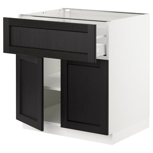 An open SEKTION kitchen unit with dark-stained wooden doors and a white base. It has two drawers and two cabinet doors.