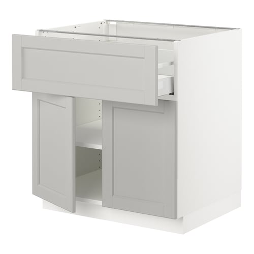 Light grey SEKTION kitchen cabinet with adjustable shelves and a single drawer. Modern design with bevelled edges.