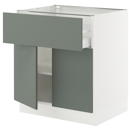 An ikea SEKTION kitchen cabinet with a grey-green door, featuring a modern design with adjustable shelves and dampers for smooth closing.