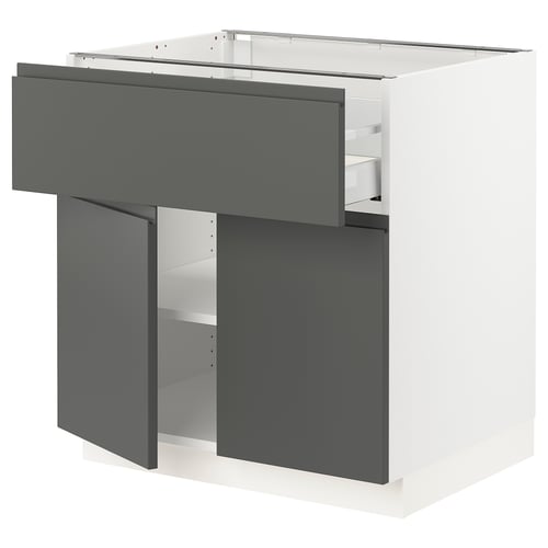A modern, grey and white SEKTION kitchen cabinet with integrated handles and adjustable shelves.