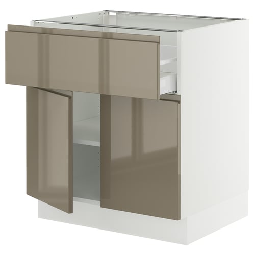 An ikea SEKTION kitchen cabinet with high-gloss dark grey-brown doors and integrated handles.