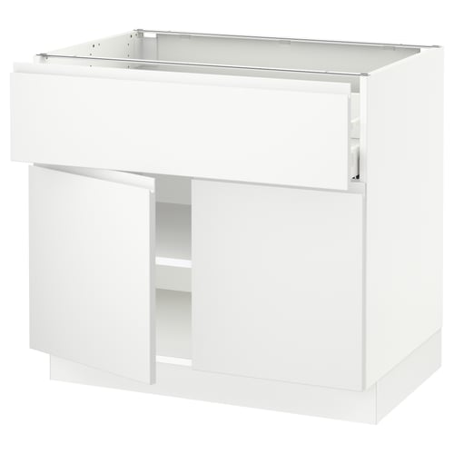 SEKTION kitchen cabinet in white with minimalist design, featuring a 3/4 open drawer and adjustable shelves.