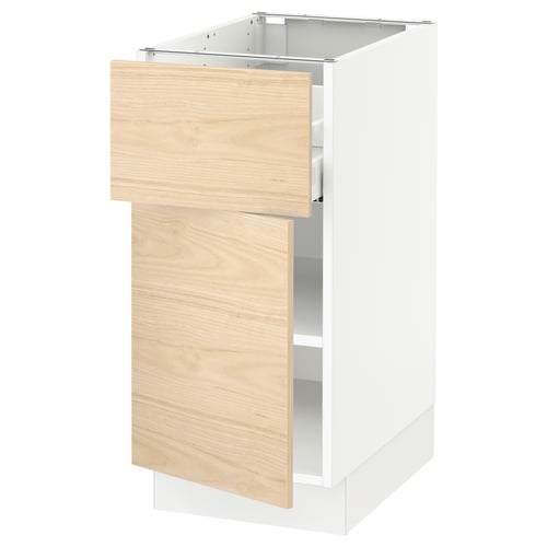 White and light wood SEKTION kitchen cabinet with drawer and door, ash pattern, tall and modern.