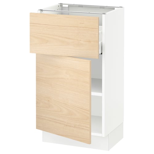 White kitchen cabinet with light wood doors. One large, one small drawer.