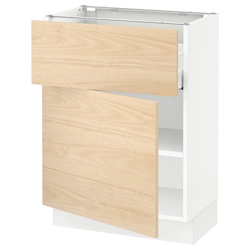 Modern kitchen cabinet, white & light wood, with pullout shelves and adjustable hinges.