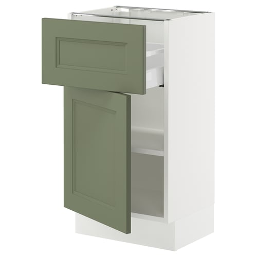 This image an ikea SEKTION kitchen cabinet with green axstad doors and shelves. It includes a drawer and open shelving.