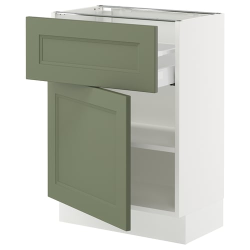 A SEKTION kitchen cabinet with green-gray doors and a drawer, featuring a modern design with a sturdy white frame.