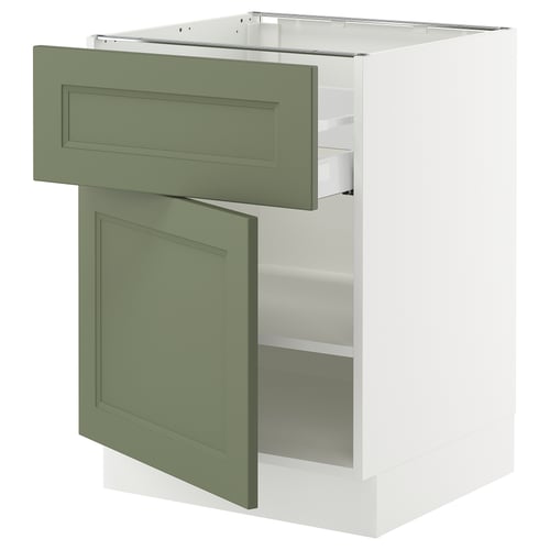 SEKTION kitchen unit in grey-green with adjustable shelves and soft-close drawers.
