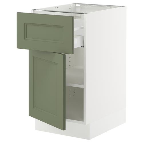 SEKTION kitchen unit in grey-green with adjustable shelves and wooden drawer.