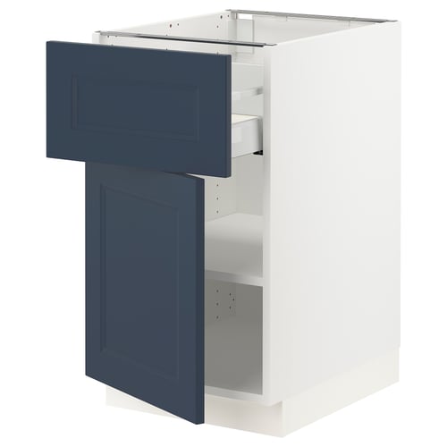 An open blue kitchen cabinet from the SEKTION system with adjustable shelves.