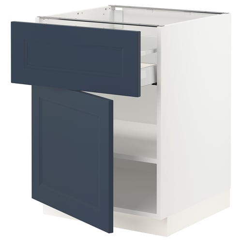 Modern kitchen cabinet: white with blue doors, adjustable shelves, medium drawer.