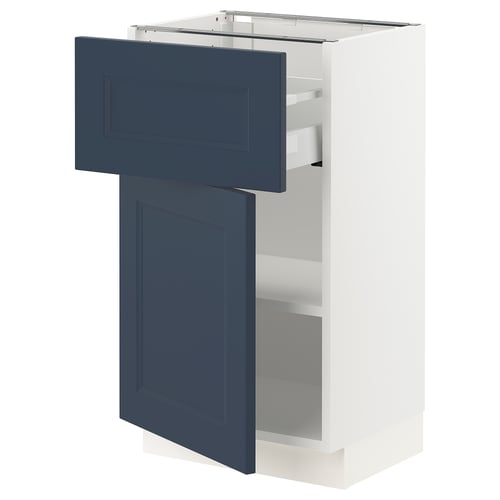 SEKTION kitchen unit, white & blue, drawer open, modern design.