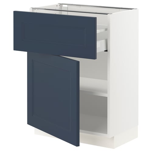 White ikea SEKTION kitchen unit with blue drawer and door, fully open.