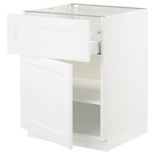 White SEKTION kitchen cabinet with open drawer and shelf.