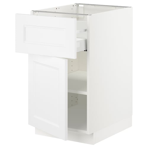 White SEKTION kitchen cabinet. Square shape, flat panel design. One open shelf and one drawer with inset handles.