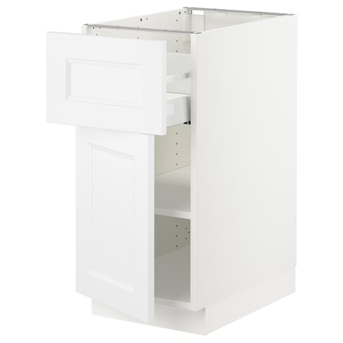 SEKTION white kitchen cabinet, rectangular, modern classic design with one adjustable shelf, one drawer, and open back.