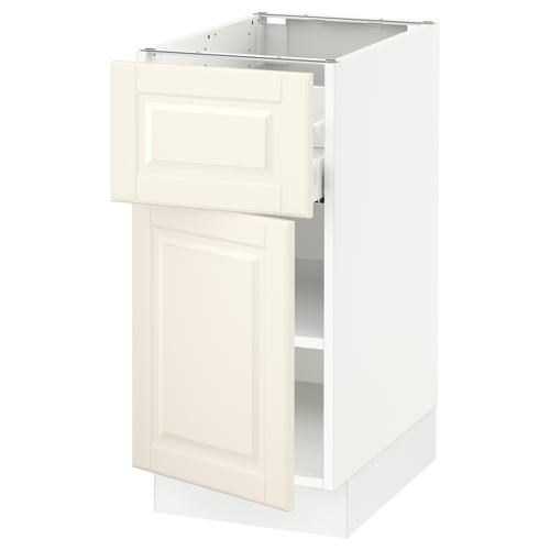 White cabinet with off-white door, medium drawer. Classic design with bevelled edges, adjustable shelves.