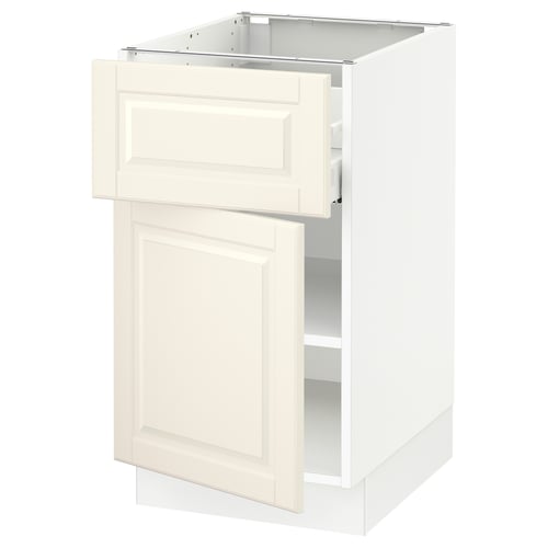 Off-white kitchen cabinet with drawer, bevelled edges, metal hinges, and adjustable shelves. Modern, sturdy, 25-year guarantee.