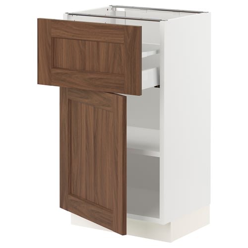 SEKTION kitchen unit with walnut-look door and drawer, white cabinet, brown wood grain, wide and tall, adjustable shelves.