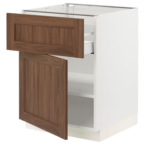 Ikea SEKTION kitchen unit, white with walnut door, open drawer, modern design with a natural wood texture.