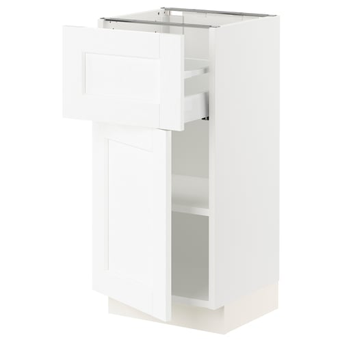 White SEKTION kitchen cabinet with adjustable shelves and drawers, classic design.