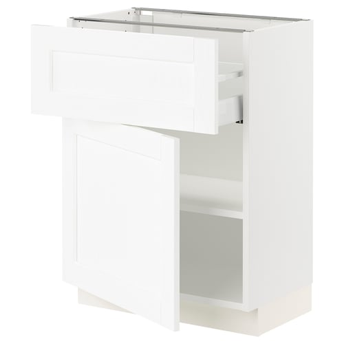 White SEKTION kitchen cabinet with adjustable shelves and drawer.