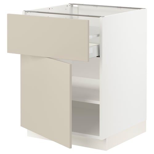 SEKTION kitchen cabinet with beige havstorp doors and white frame, modern minimalist design.