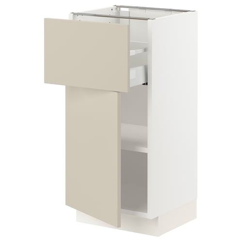 Beige ikea SEKTION kitchen cabinet, single door, adjustable shelves.