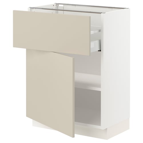 A white and beige SEKTION kitchen cabinet with an open drawer.