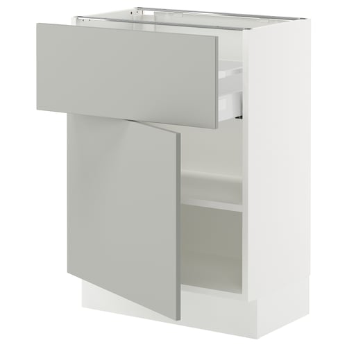 A SEKTION kitchen cabinet in light grey with adjustable shelves and a full-extension drawer.