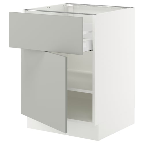 White SEKTION kitchen cabinet with grey drawer, modern clean design, adjustable shelves.