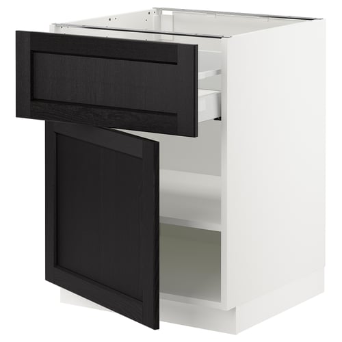 Modern kitchen unit, white with dark grey drawers and door.