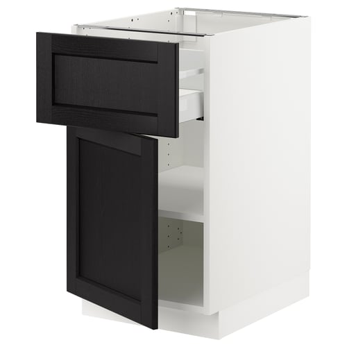 SEKTION kitchen unit with black-ash drawers and white cabinet, featuring bevelled edges and soft-closing hinges.