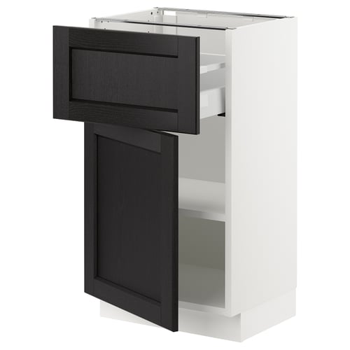 Black & white kitchen cabinet with black stained ash doors, smooth drawer, and accessible shelving.