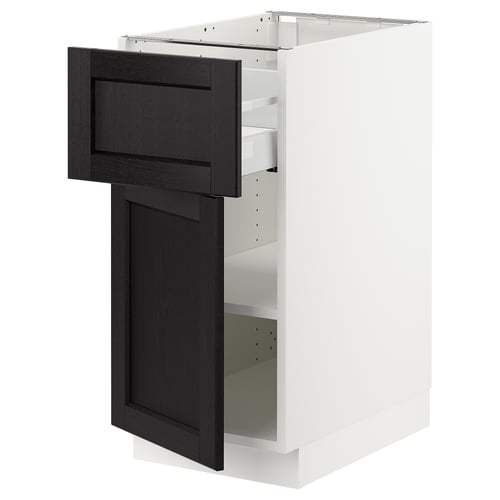 SEKTION kitchen cabinet, white with black stained ash doors, two shelves, modern design.