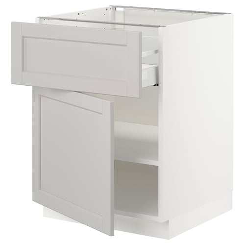 Elegant white kitchen cabinet featuring a single drawer and a shelf, designed with bevelled edges and modern hinges.