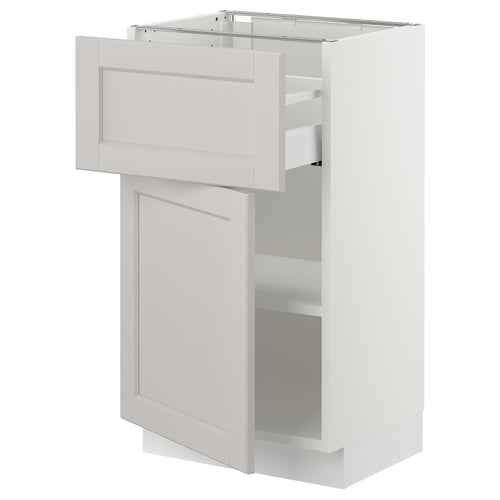 White SEKTION kitchen cabinet with light grey lerhyttan fronts, rectangular shape with adjustable shelves.