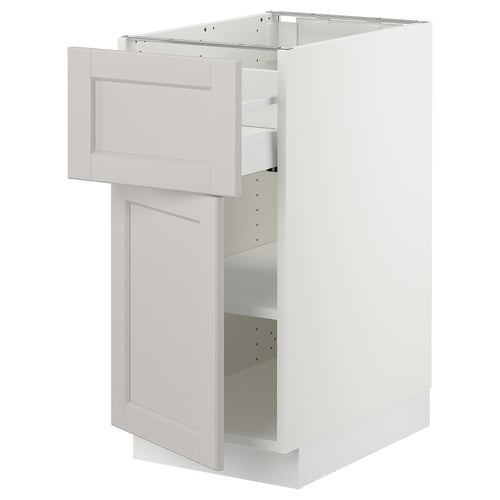White SEKTION kitchen cabinet with light grey lerhyttan door, medium drawer, and adjustable shelves.