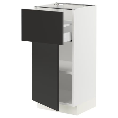 A white SEKTION kitchen cabinet with a black matt door, featuring a sleek and modern design with adjustable shelves and a full-extension drawer.