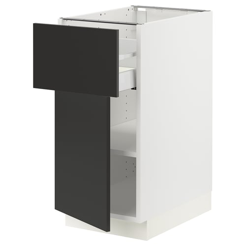 A modern white SEKTION kitchen cabinet with a black matt door. It has an adjustable shelf and a drawer with a soft-close mechanism.