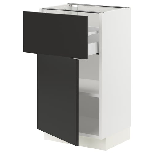 SEKTION in white with black door, modern minimalist design. Includes drawer, adjustable shelf. Efficient space & storage solution.