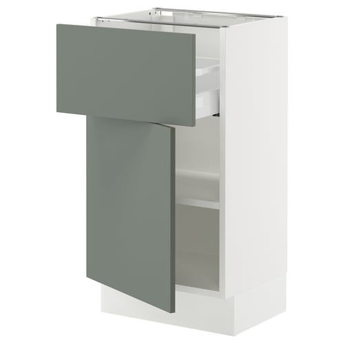 SEKTION, modern kitchen unit, white, grey-green drawer, square shape, adjustable shelves.