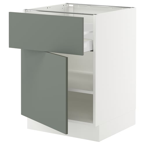 An open SEKTION kitchen cabinet with a grey-green door. It a full-extension drawer with dampers for smooth closing.